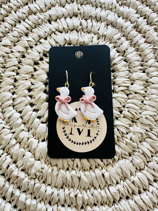 Pink Bow Geese Polymer Clay Earrings
