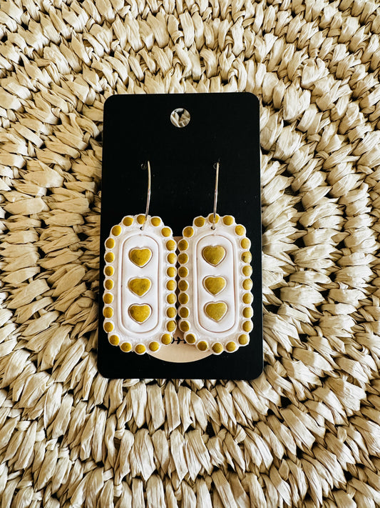 White & Gold Heart Dangle Polymer Clay Earrings