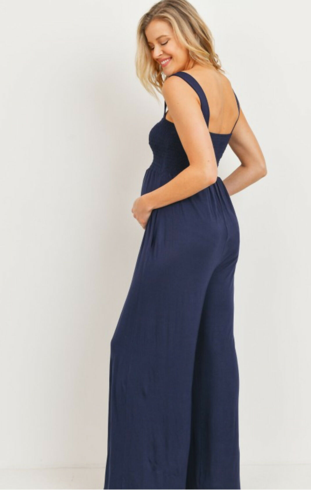 Smocked Maternity Wide Leg Jumpsuit- Navy