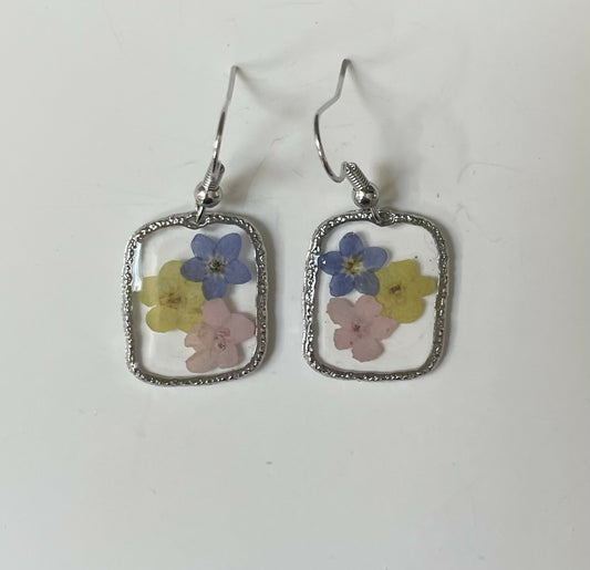 Rectangular Pressed Flower Silver Earrings