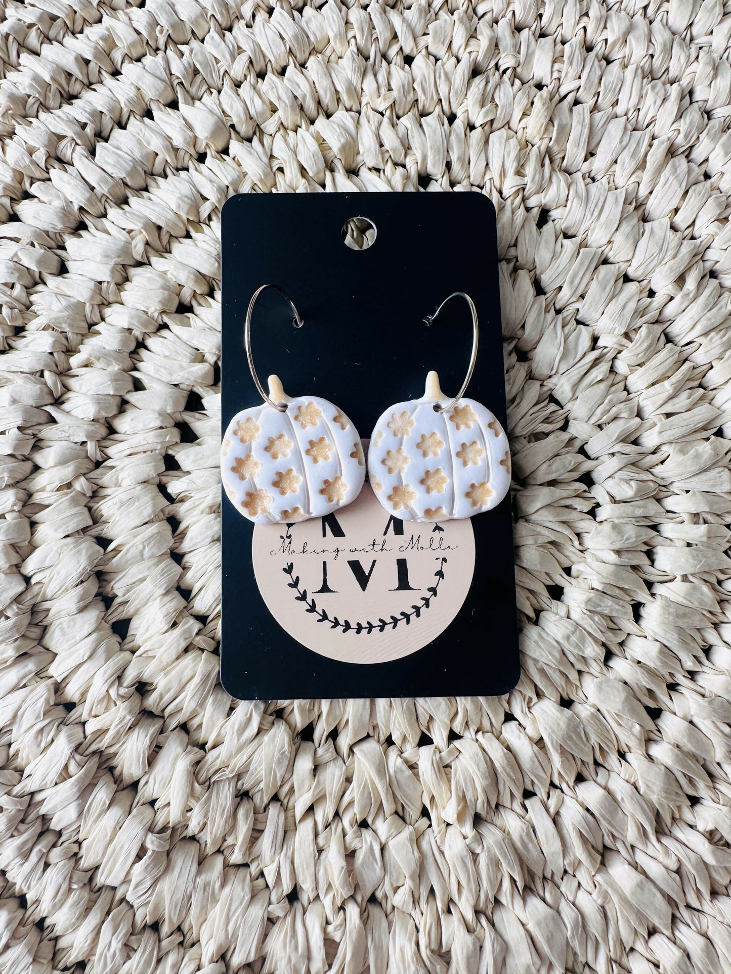 White Floral Pumpkin Dangle Polymer Clay Earrings