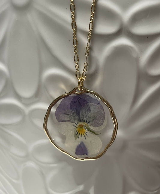 Violet Pressed Flower 1 1/4” Pendant on Gold 16” Chain