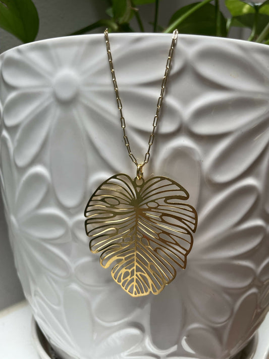 Monstera Leaf Brass 30” Necklace