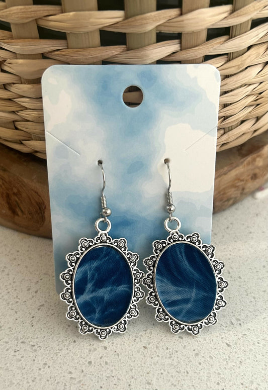 Royal Blue and Silver Feather Oval Earrings