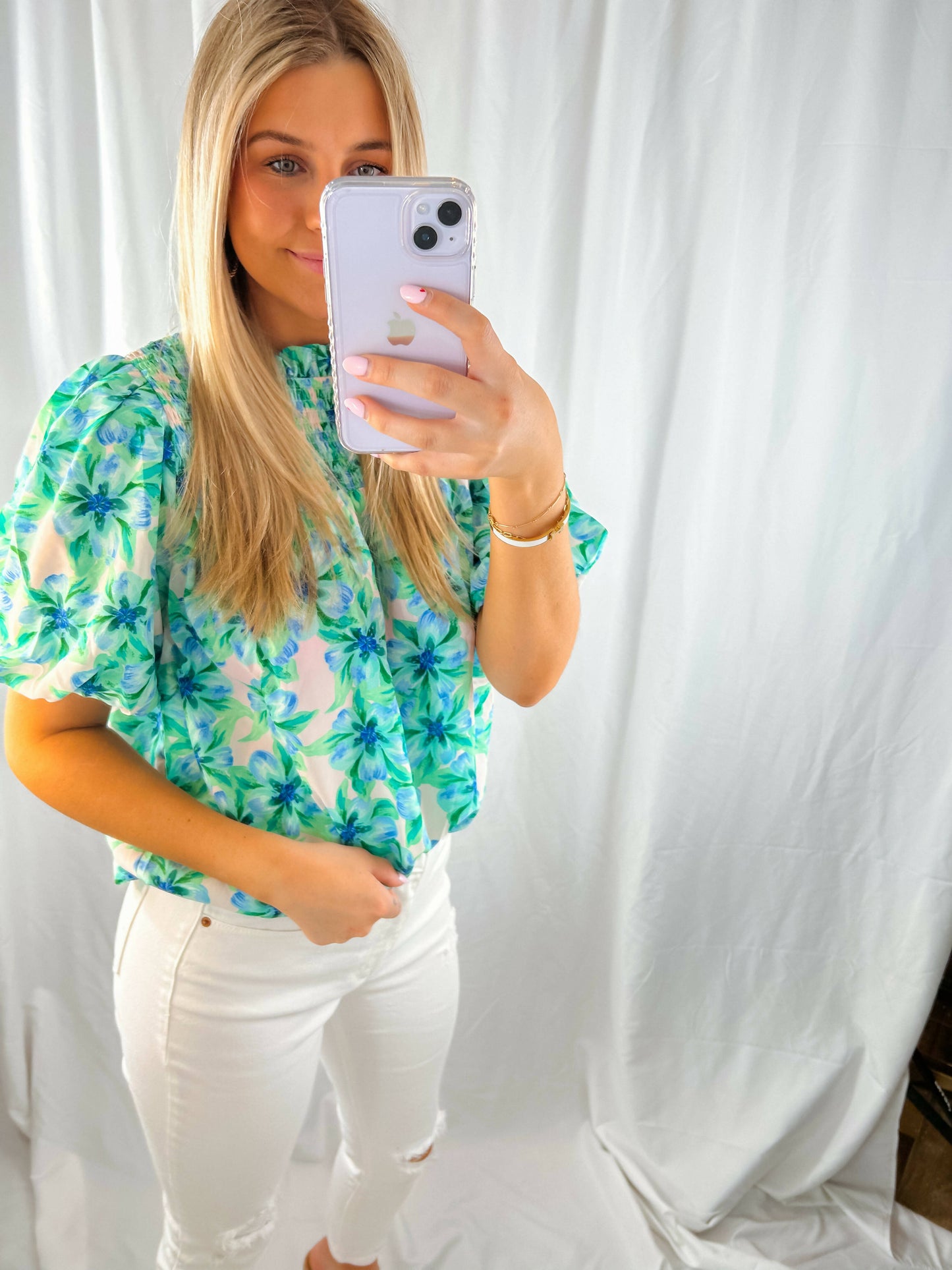 Floral Galore Mock Neck Green & Blue Top