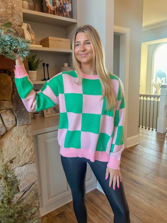 Around The Block Pink & Green Checkered Sweater