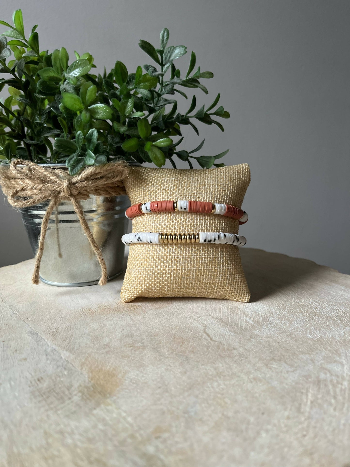 Clay/white stacked bracelets